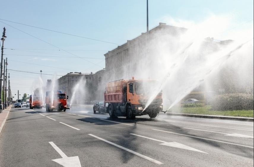 В Петербурге усиленным поливом спасают от жары растения и асфальт